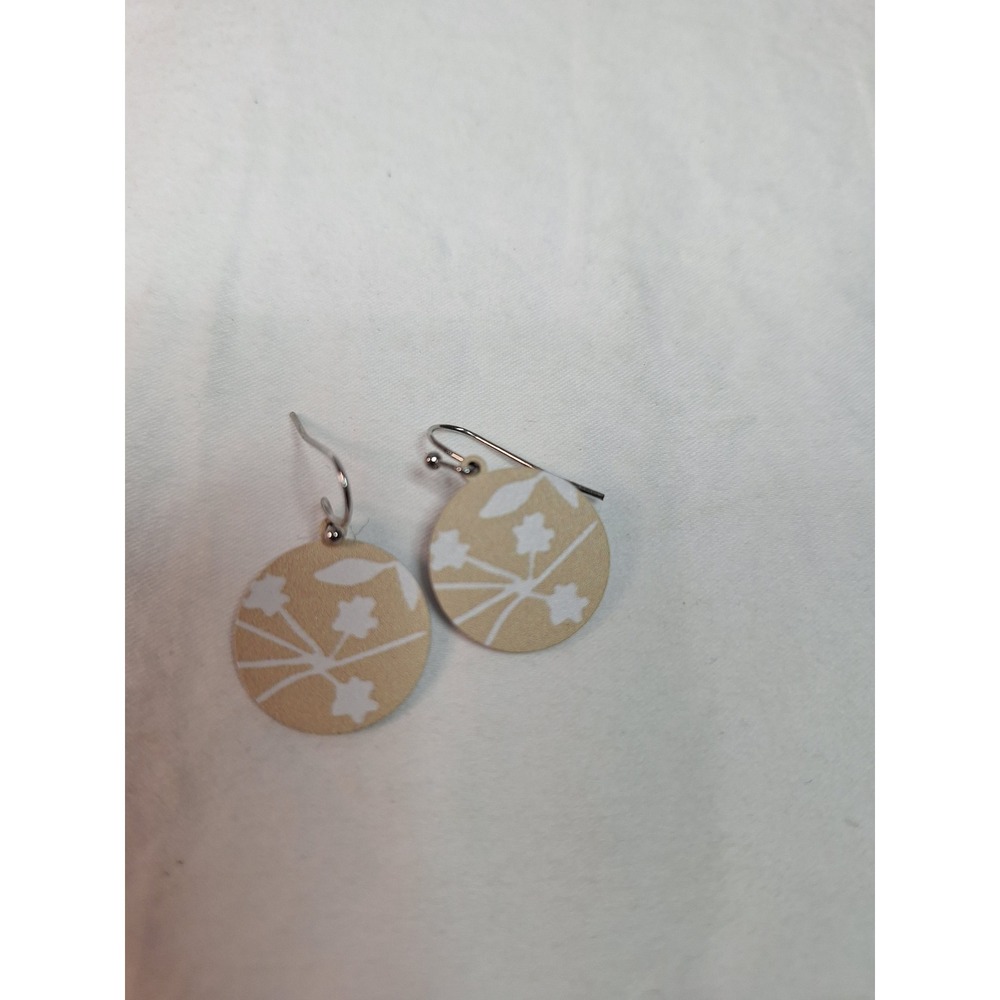 Floral Wood Round Drop Earrings Tan White Botanical Dangle French Hook Boho 1246